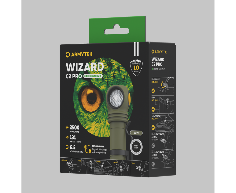 Armytek Flashlights Wizard C2 Pro Magnet USB Olive - Beowald Store
