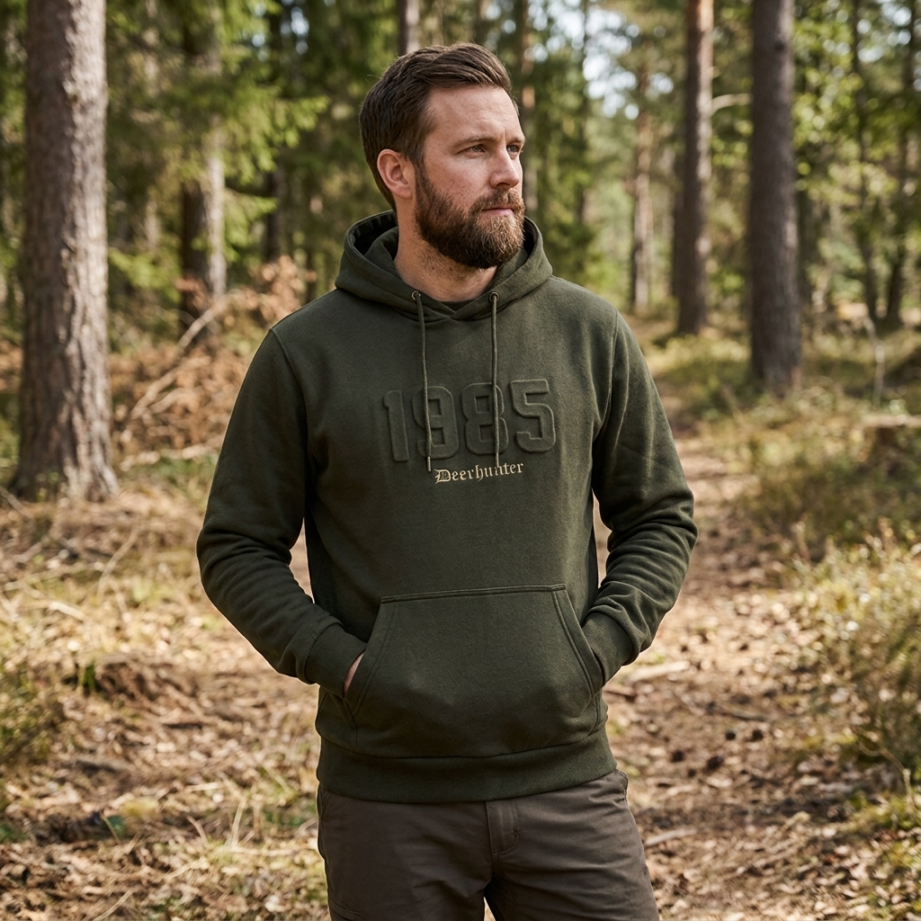 Man wearing a green hoodie with '1985' printed on it, standing in a forest.