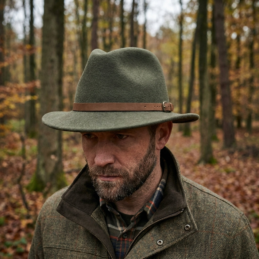 Man wearing a green hat and coat in a forest setting