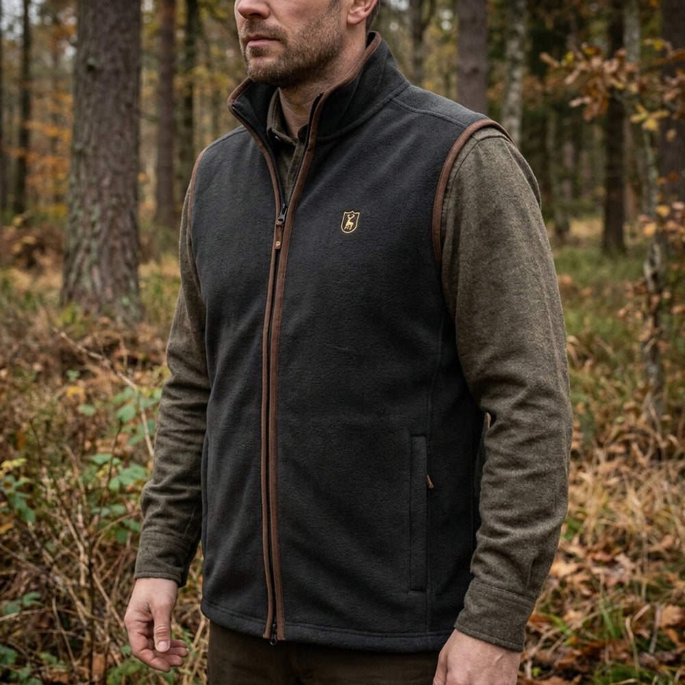 Man wearing a dark jacket with a logo in a forest setting