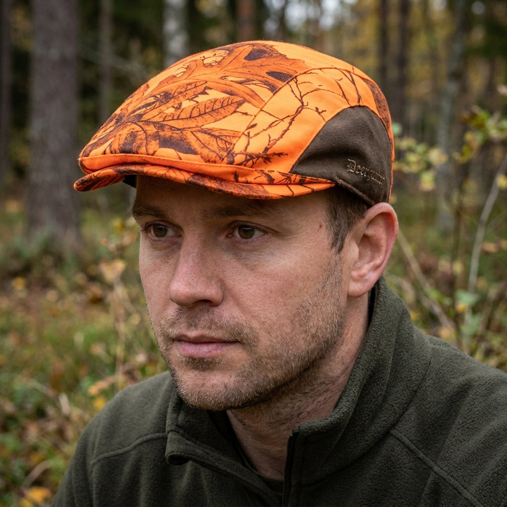 Man wearing an orange and brown camouflage cap in a forest setting