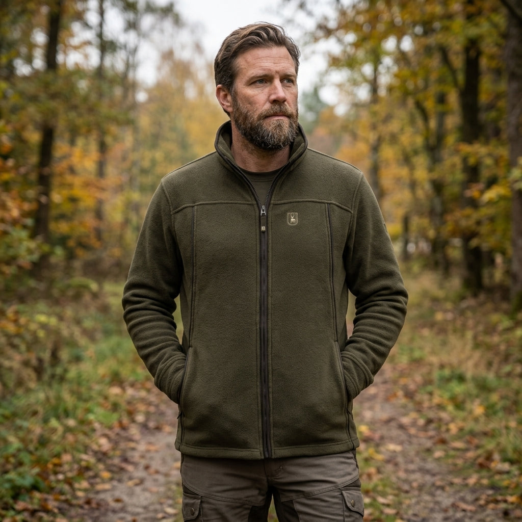 Man wearing a green jacket standing in a forest during autumn.