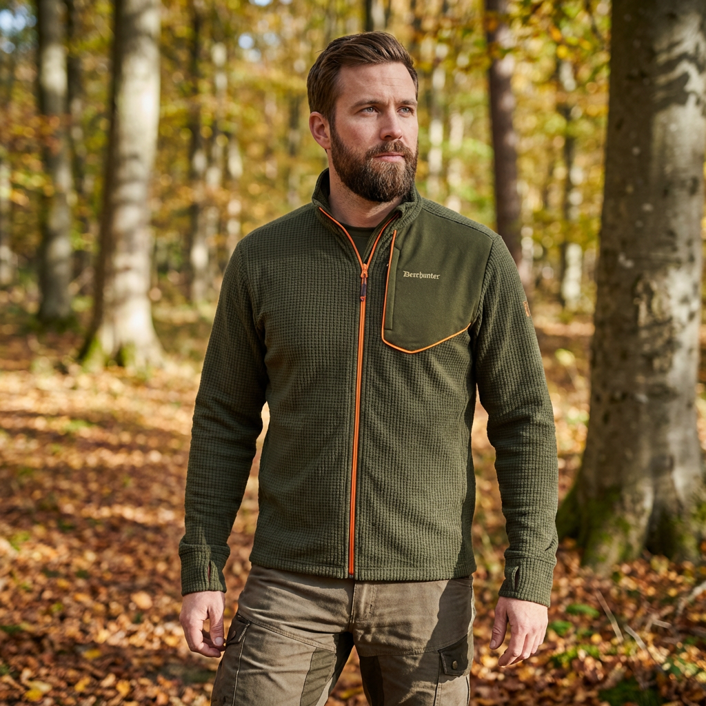 Man wearing a green jacket with orange accents in a forest setting