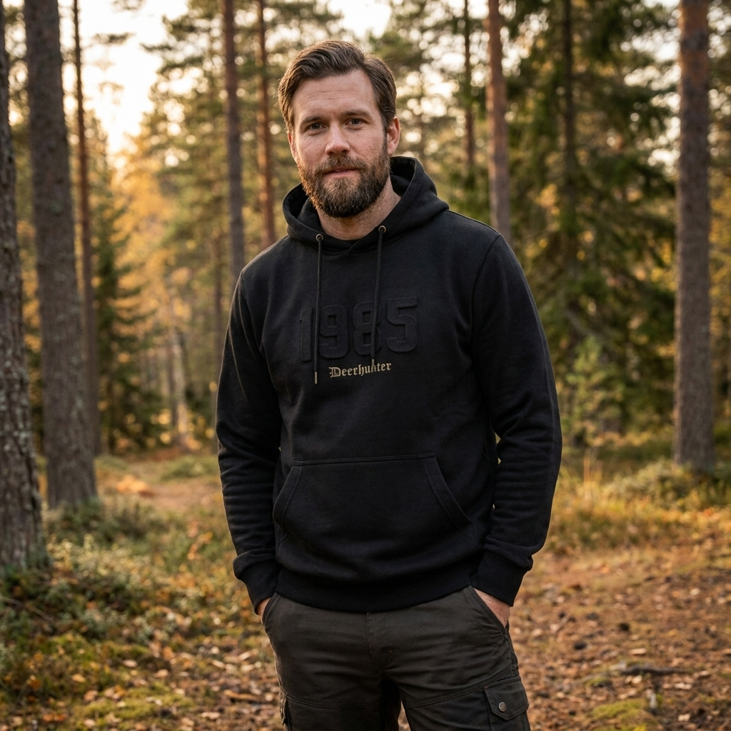 Man wearing a black hoodie with text standing in a forest