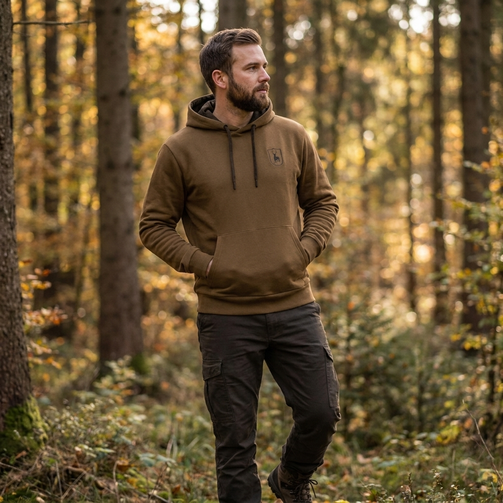 Man wearing a brown hoodie and dark pants standing in a forest