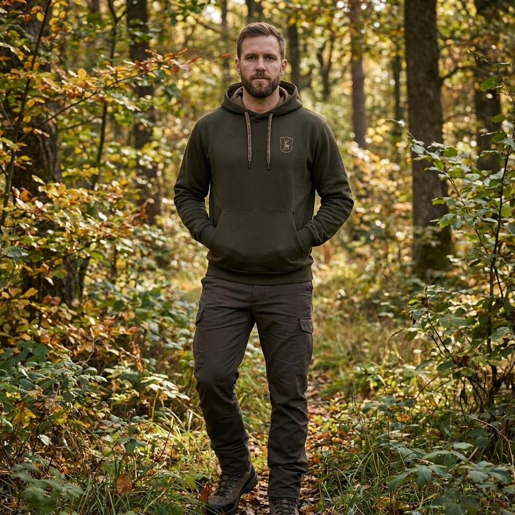 Man wearing a green hoodie and pants standing in a forest