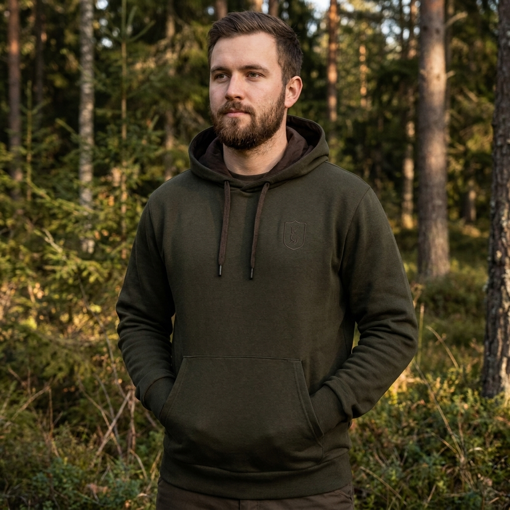 Man wearing a dark green hoodie standing in a forest