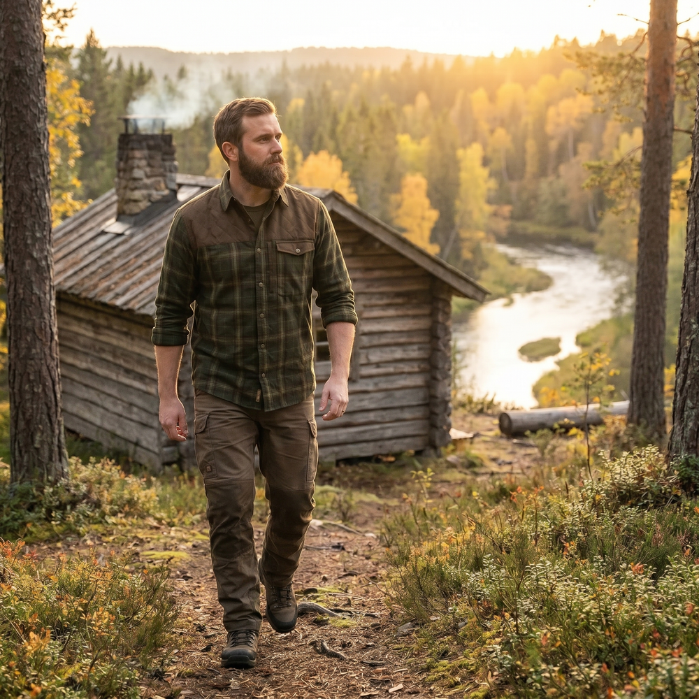 Man walking in a forest with a cabin and river in the background