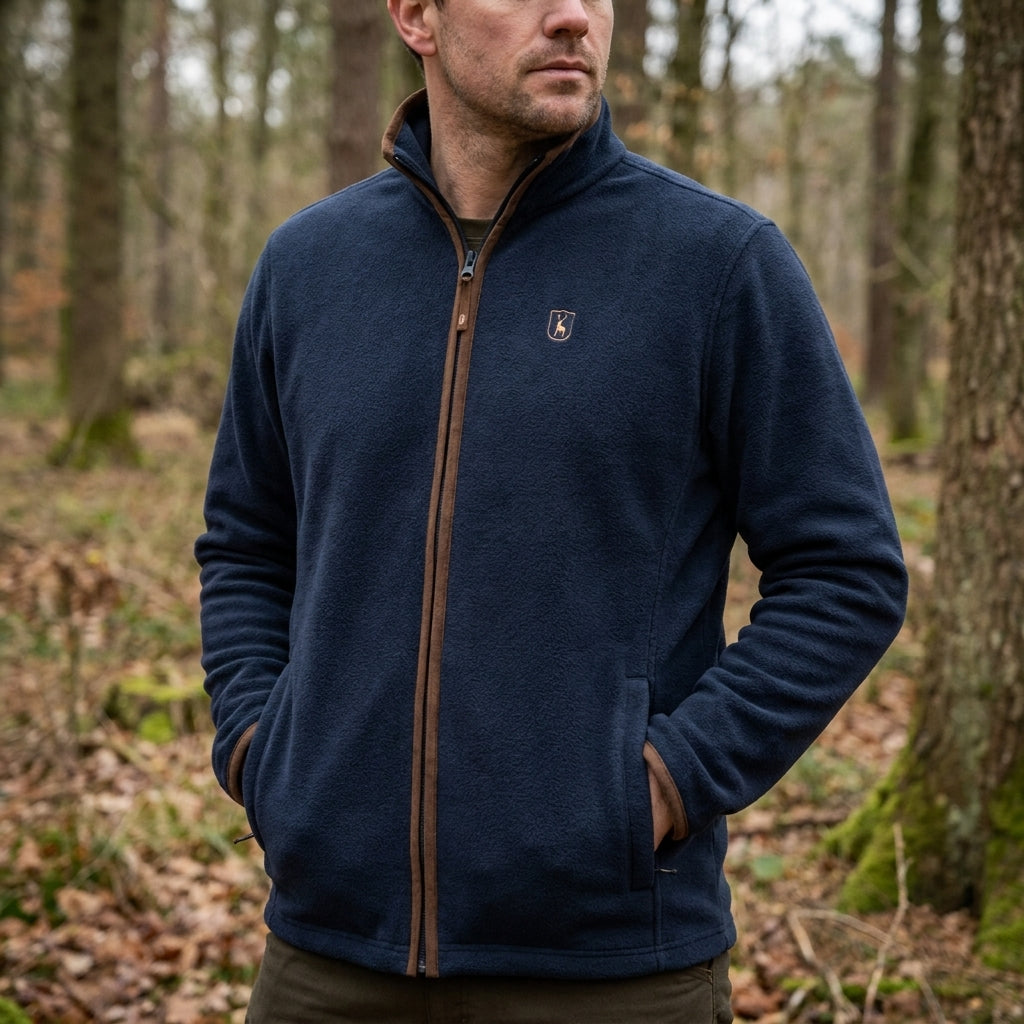 Man wearing a navy fleece jacket with a zipper in a forest setting