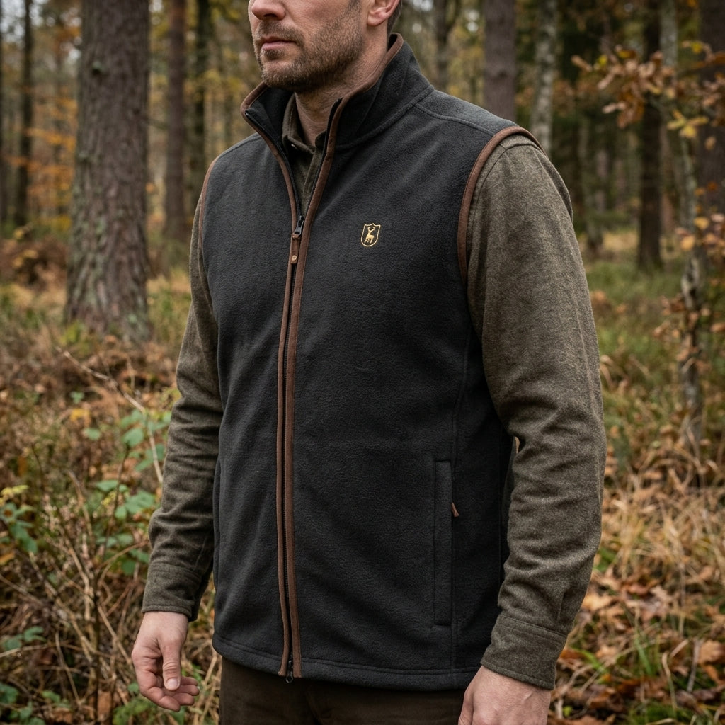 Man wearing a dark jacket with a logo in a forest setting