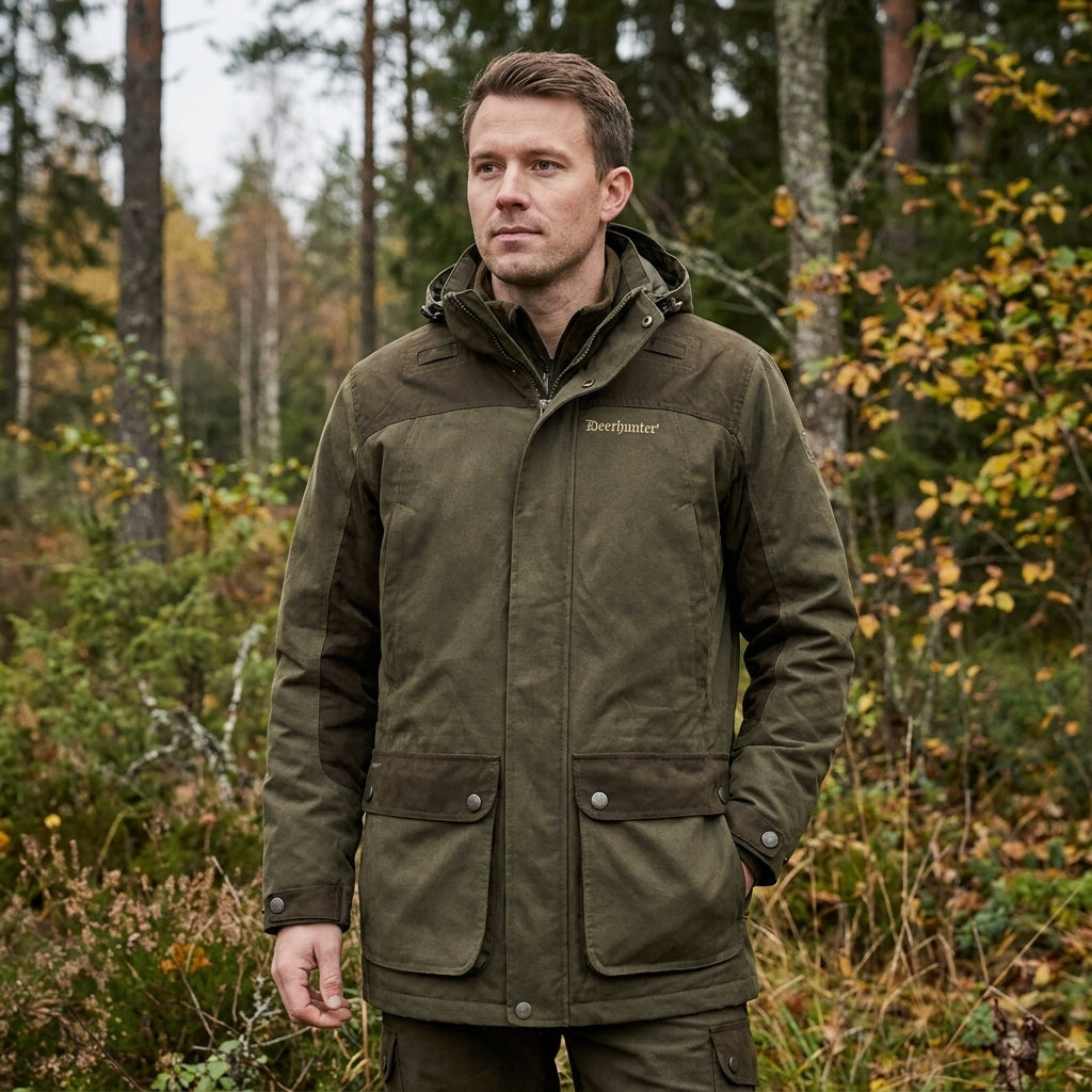 Man wearing a green jacket in a forest setting