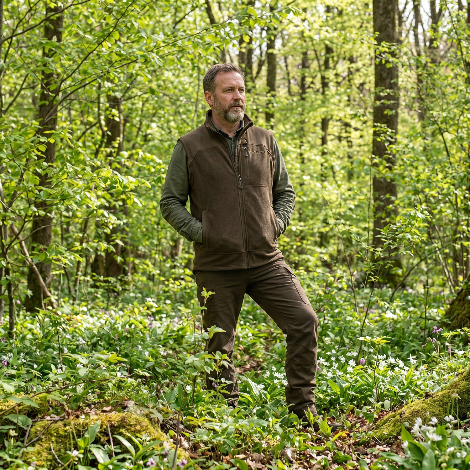 Man standing in a forest wearing green and brown outdoor clothing.